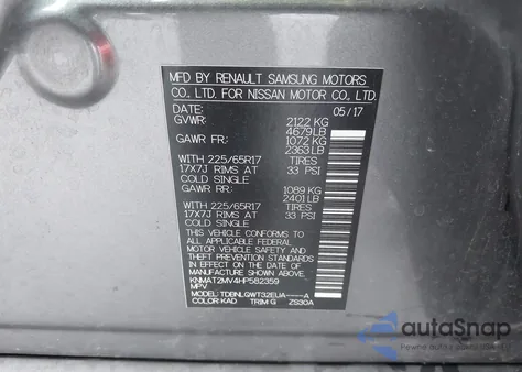 2017 Nissan Rogue Sv z USA, uszkodzony, nr VIN KNMAT2MV4HP582359